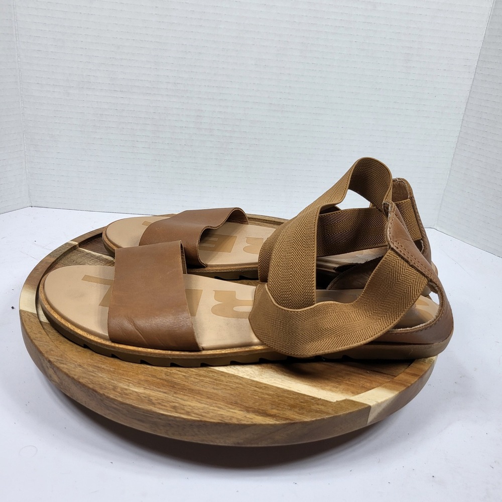 SOREL Women's Ella II Elastic Strap Leather Flat‎ Sandals Camel Tan Size 9.5